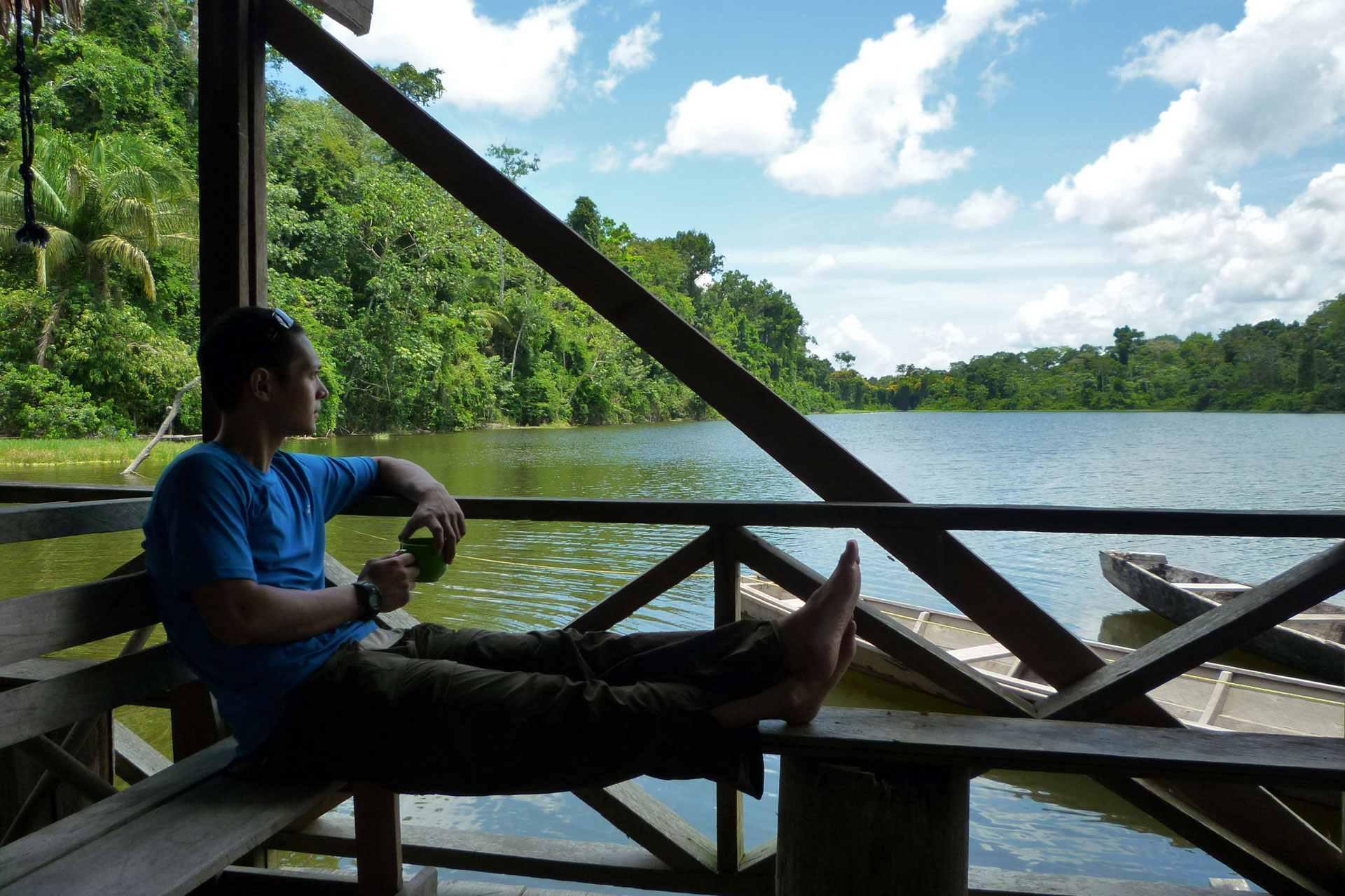 Relaxing by a lake in the Amazon